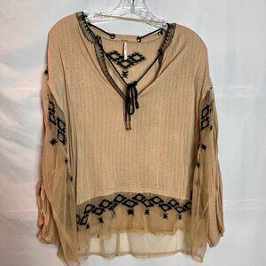 Women's Free People oversize Beige/black bohemian, peasant blouse Size XS